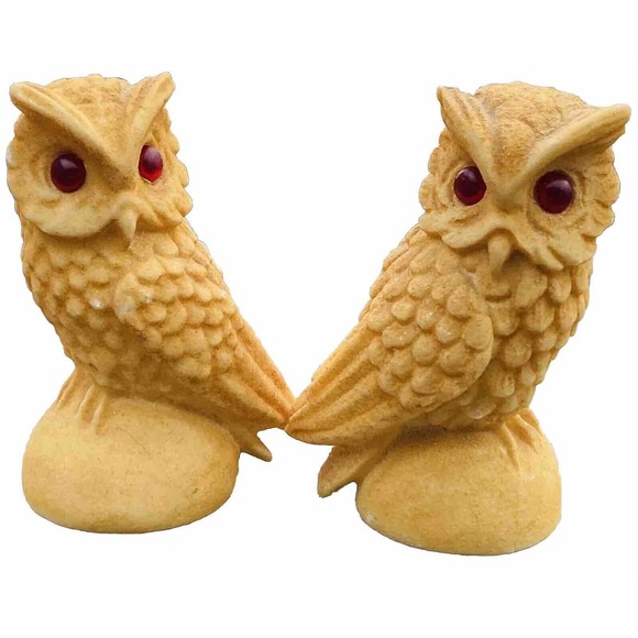 Owl Pair with Red Eyes Heavy Set 3 inch Tall Gold Mid Century Stone Work - Picture 1 of 6